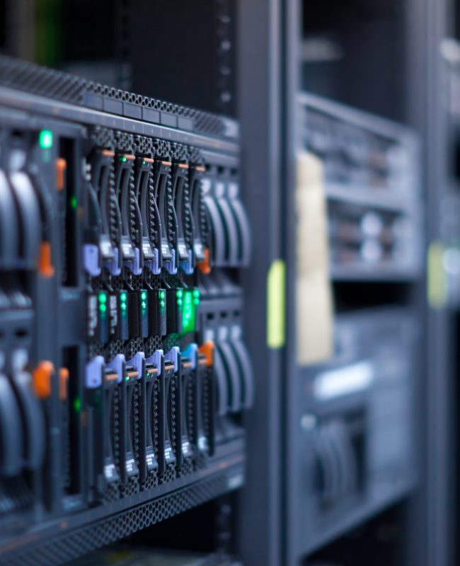 Network servers in a data center. Swallow depth of Field